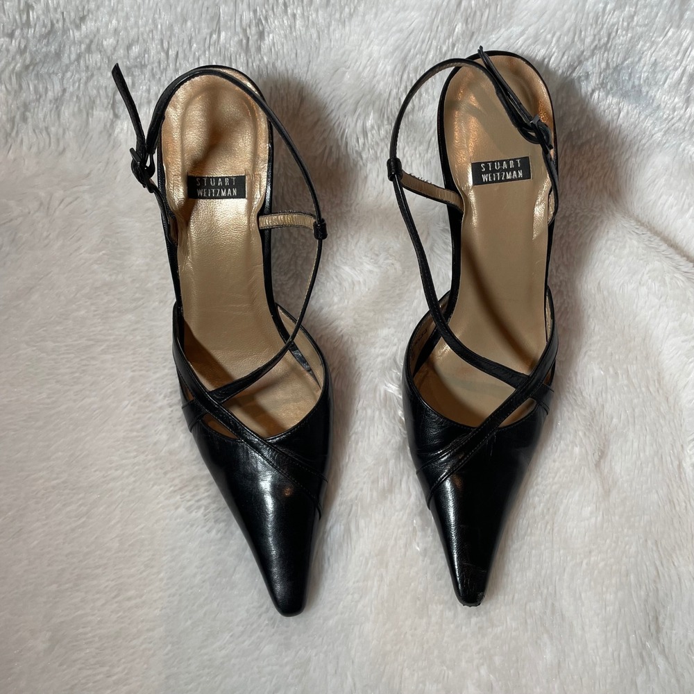 Stuart Weitzman Black Pointed Toe Strappy Slingback Heels